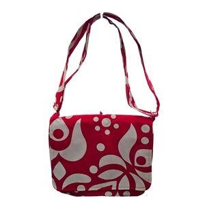 Tara Hubbard Floral Fabric Upholstery Messenger Bag Red and White Patterned